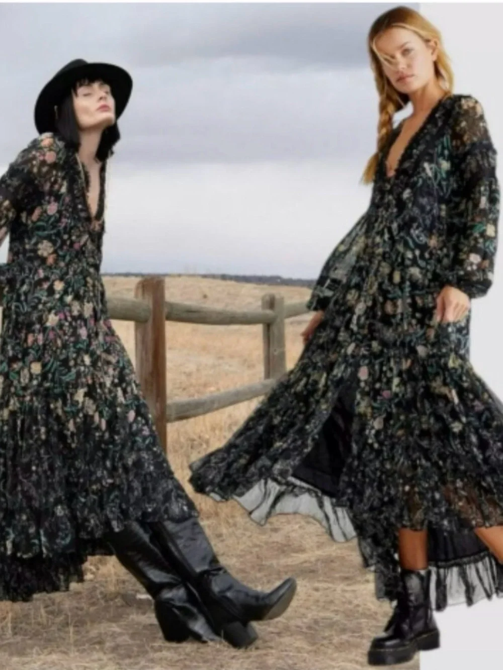 FREE PEOPLE Cassis Printed Ruffles Flowy Chiffon Maxi Dress